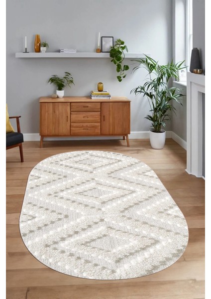 Dijital Baskılı Kaymaz Taban Yıkanabilir Sade Oval Yolluk Mutfak Salon Halısı, N-O-Sade-33-Krem, indirimleri