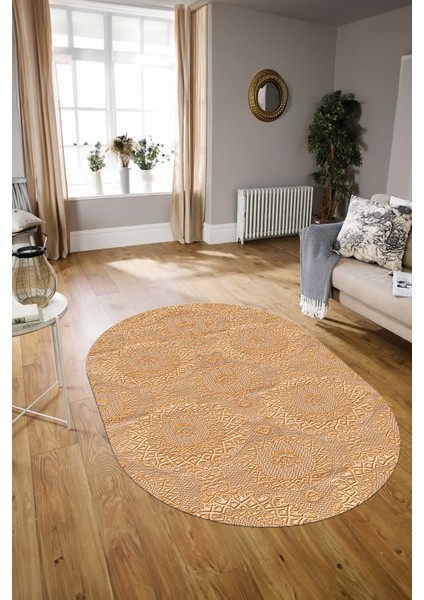 Dijital Baskılı Kaymaz Taban Yıkanabilir Sade Oval Yolluk Mutfak Salon Halısı, N-O-Sade-15-Kahve,