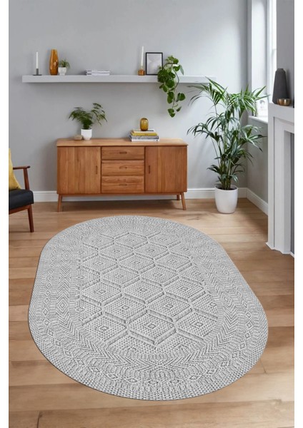 Dijital Baskılı Kaymaz Taban Yıkanabilir Sade Oval Yolluk Mutfak Salon Halısı, N-O-Sade-10-Gri,