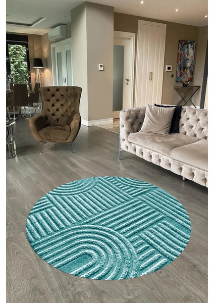 Dijital Baskılı Kaymaz Taban Yıkanabilir Sade Yuvarlak Mutfak Salon Halısı, N-Y-Sade-01-Mavi,