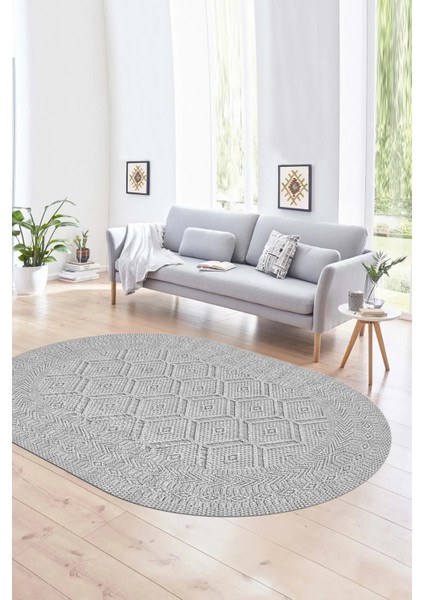 Dijital Baskılı Kaymaz Taban Yıkanabilir Sade Oval Yolluk Mutfak Salon Halısı, N-O-Sade-10-Gri,