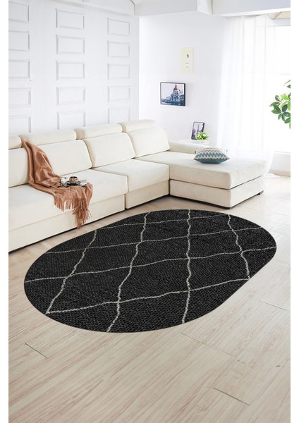 Dijital Baskılı Kaymaz Taban Yıkanabilir Sade Oval Yolluk Mutfak Salon Halısı, N-O-Sade-22-Siyah,