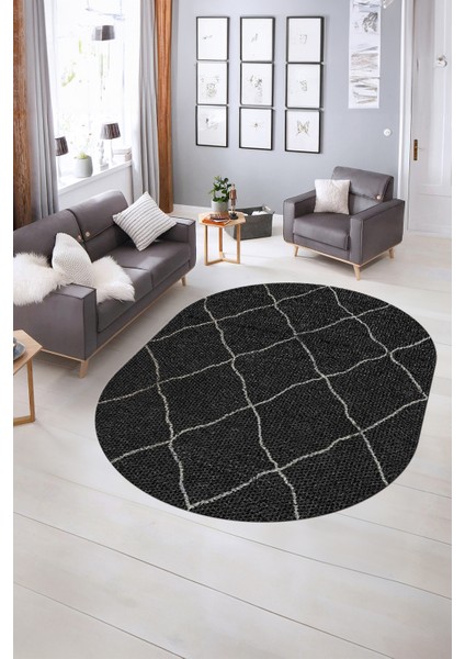 Dijital Baskılı Kaymaz Taban Yıkanabilir Sade Oval Yolluk Mutfak Salon Halısı, N-O-Sade-22-Siyah, fırsatları