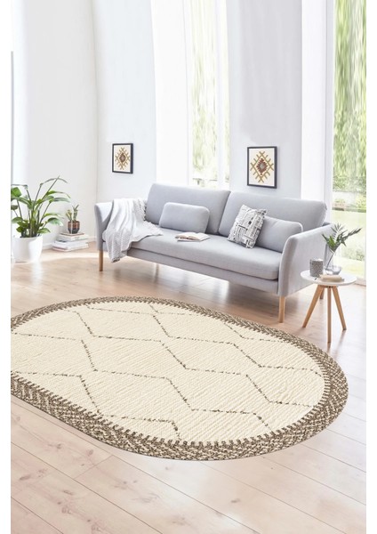 Dijital Baskılı Kaymaz Taban Yıkanabilir Sade Oval Yolluk Mutfak Salon Halısı, N-O-Sade-17-Krem,