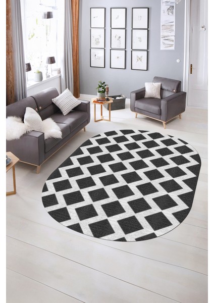 Dijital Baskılı Kaymaz Taban Yıkanabilir Sade Oval Yolluk Mutfak Salon Halısı, N-O-Sade-40-Antrasit,