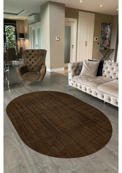 Dijital Baskılı Kaymaz Taban Yıkanabilir Sade Oval Yolluk Mutfak Salon Halısı, N-O-Sade-45-Kahve,