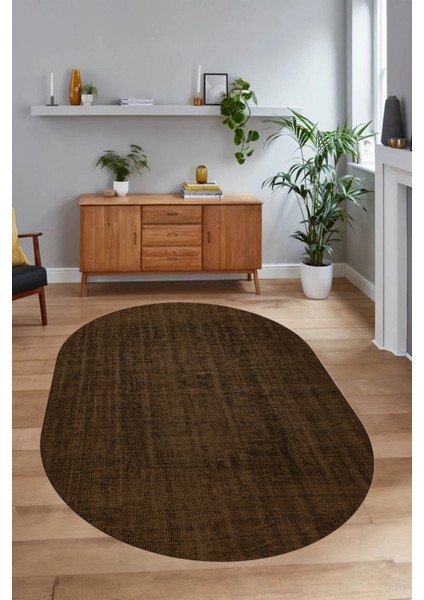 Dijital Baskılı Kaymaz Taban Yıkanabilir Sade Oval Yolluk Mutfak Salon Halısı, N-O-Sade-45-Kahve,