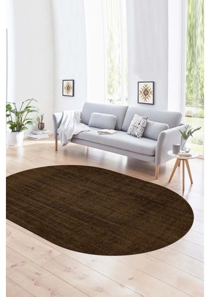 Dijital Baskılı Kaymaz Taban Yıkanabilir Sade Oval Yolluk Mutfak Salon Halısı, N-O-Sade-45-Kahve,