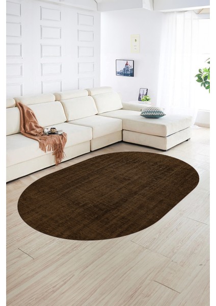 Dijital Baskılı Kaymaz Taban Yıkanabilir Sade Oval Yolluk Mutfak Salon Halısı, N-O-Sade-45-Kahve,
