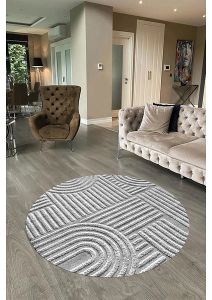 Dijital Baskılı Kaymaz Taban Yıkanabilir Sade Yuvarlak Mutfak Salon Halısı, N-Y-Sade-01-Gri,