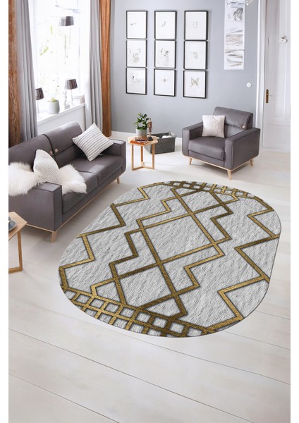 Dijital Baskılı Kaymaz Taban Yıkanabilir Sade Oval Yolluk Mutfak Salon Halısı, N-O-Sade-42-Gold,