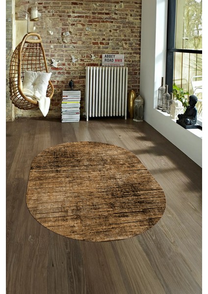 Dijital Baskılı Kaymaz Taban Yıkanabilir Sade Oval Yolluk Mutfak Salon Halısı, N-O-Sade-37-Kahve,