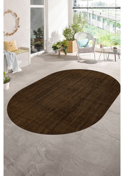 Dijital Baskılı Kaymaz Taban Yıkanabilir Sade Oval Yolluk Mutfak Salon Halısı, N-O-Sade-45-Kahve,