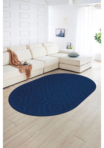 Dijital Baskılı Kaymaz Taban Yıkanabilir Sade Oval Yolluk Mutfak Salon Halısı, N-O-Sade-26-Mavi,