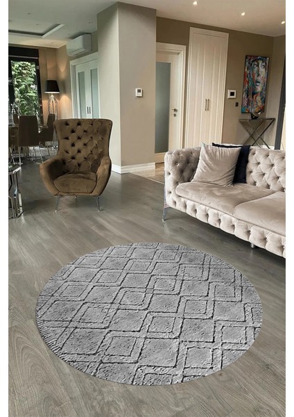 Dijital Baskılı Kaymaz Taban Yıkanabilir Sade Yuvarlak Mutfak Salon Halısı, N-Y-Sade-05-Gri,