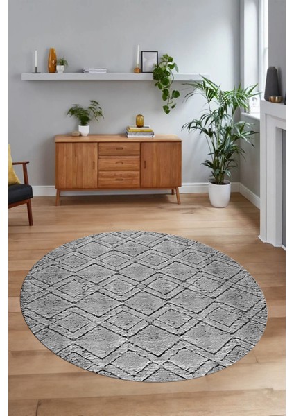 Dijital Baskılı Kaymaz Taban Yıkanabilir Sade Yuvarlak Mutfak Salon Halısı, N-Y-Sade-05-Gri,
