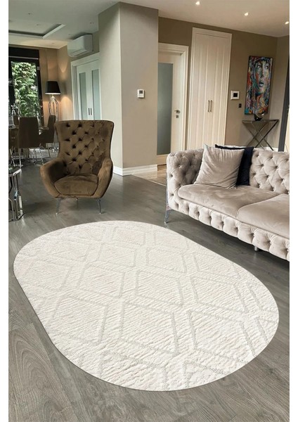Dijital Baskılı Kaymaz Taban Yıkanabilir Sade Oval Yolluk Mutfak Salon Halısı, N-O-Sade-02-Krem,