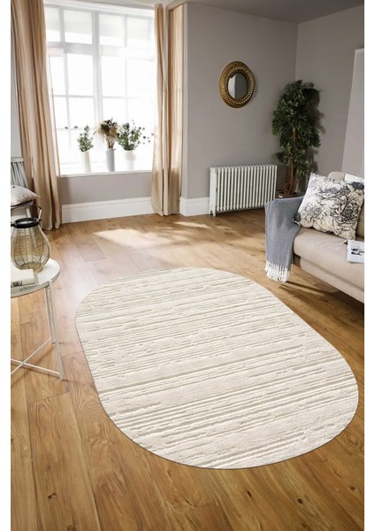 Dijital Baskılı Kaymaz Taban Yıkanabilir Sade Oval Yolluk Mutfak Salon Halısı, N-O-Sade-32-Krem,