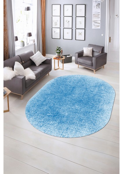 Dijital Baskılı Kaymaz Taban Yıkanabilir Sade Oval Yolluk Mutfak Salon Halısı, N-O-Sade-43-Mavi,