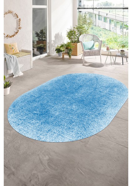 Dijital Baskılı Kaymaz Taban Yıkanabilir Sade Oval Yolluk Mutfak Salon Halısı, N-O-Sade-43-Mavi,