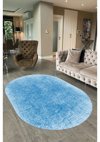 Dijital Baskılı Kaymaz Taban Yıkanabilir Sade Oval Yolluk Mutfak Salon Halısı, N-O-Sade-43-Mavi,