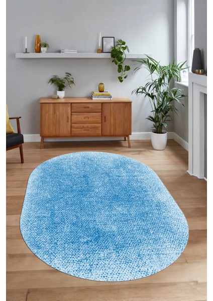 Dijital Baskılı Kaymaz Taban Yıkanabilir Sade Oval Yolluk Mutfak Salon Halısı, N-O-Sade-43-Mavi,