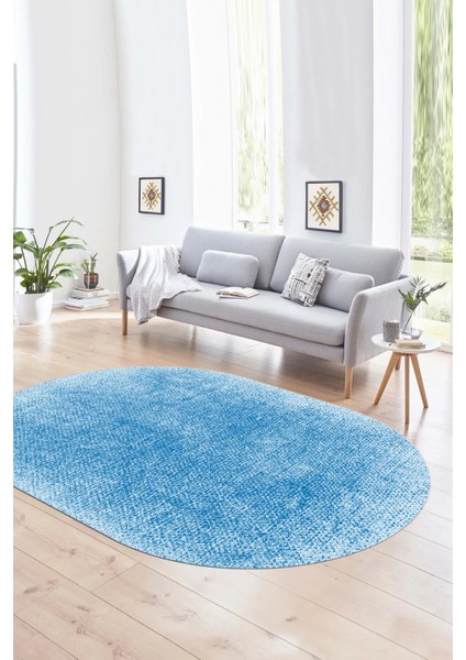 Dijital Baskılı Kaymaz Taban Yıkanabilir Sade Oval Yolluk Mutfak Salon Halısı, N-O-Sade-43-Mavi,