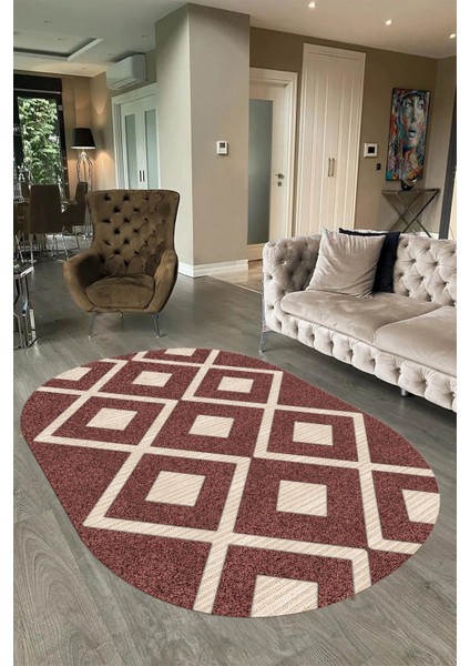 Dijital Baskılı Kaymaz Taban Yıkanabilir Sade Oval Yolluk Mutfak Salon Halısı, N-O-Sade-07-Bordo,