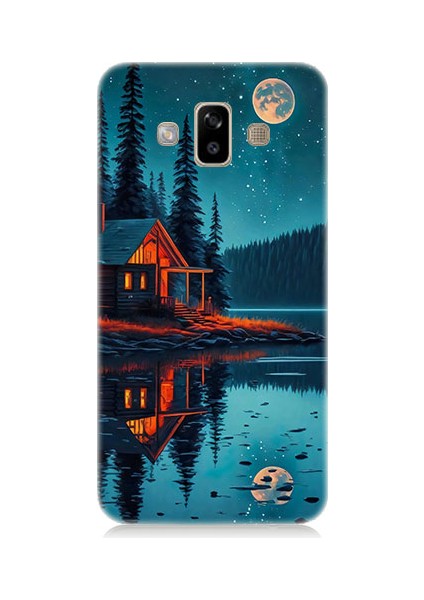 Samsung Galaxy J7 Duo Uyumlu Ay ve Ahşap Ev Desenli Silikon Kılıf