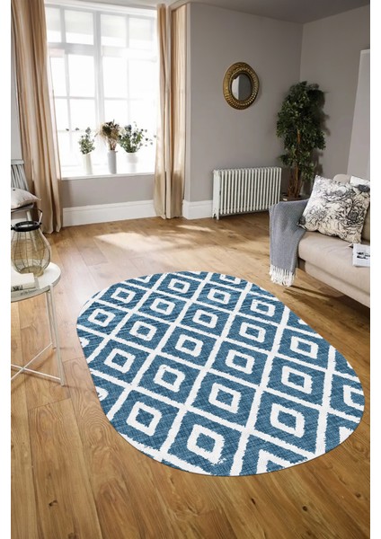 Dijital Baskılı Kaymaz Taban Yıkanabilir Sade Oval Yolluk Mutfak Salon Halısı, N-O-Sade-27-Mavi,