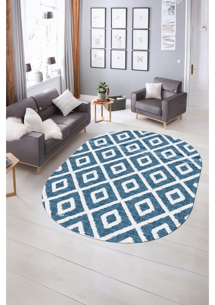 Dijital Baskılı Kaymaz Taban Yıkanabilir Sade Oval Yolluk Mutfak Salon Halısı, N-O-Sade-27-Mavi, modelleri