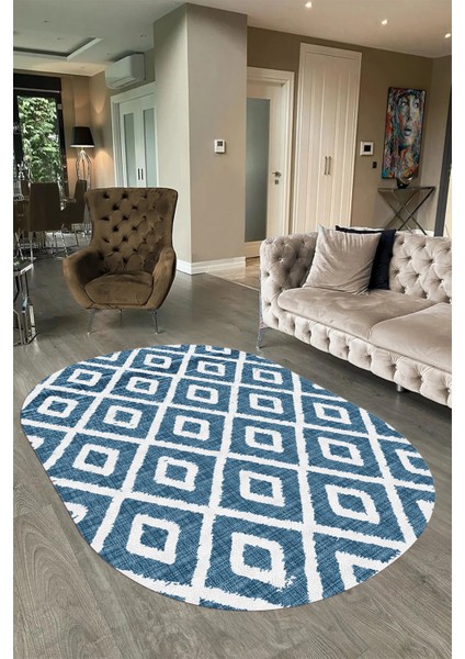 Dijital Baskılı Kaymaz Taban Yıkanabilir Sade Oval Yolluk Mutfak Salon Halısı, N-O-Sade-27-Mavi, indirimleri