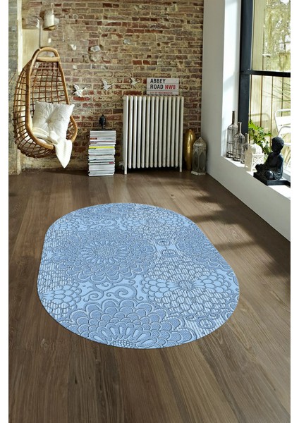 Dijital Baskılı Kaymaz Taban Yıkanabilir Sade Oval Yolluk Mutfak Salon Halısı, N-O-Sade-34-Mavi,