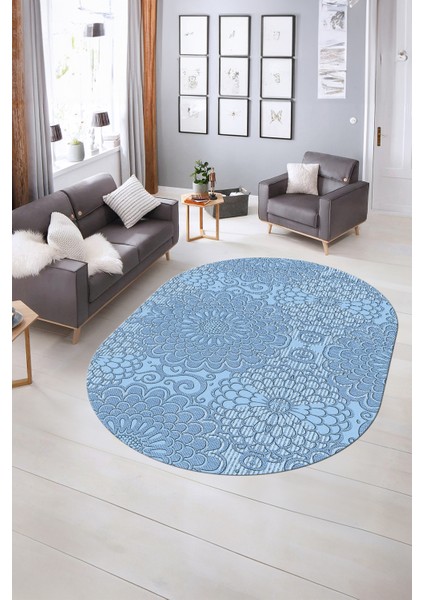 Dijital Baskılı Kaymaz Taban Yıkanabilir Sade Oval Yolluk Mutfak Salon Halısı, N-O-Sade-34-Mavi, fiyatları