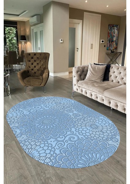 Dijital Baskılı Kaymaz Taban Yıkanabilir Sade Oval Yolluk Mutfak Salon Halısı, N-O-Sade-34-Mavi, fırsatları
