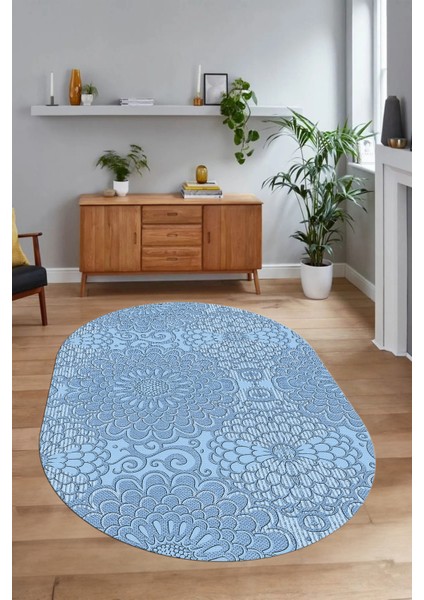 Dijital Baskılı Kaymaz Taban Yıkanabilir Sade Oval Yolluk Mutfak Salon Halısı, N-O-Sade-34-Mavi, indirimleri
