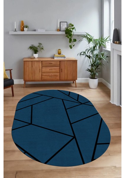 Dijital Baskılı Kaymaz Taban Yıkanabilir Sade Oval Yolluk Mutfak Salon Halısı, N-O-Sade-50-Mavi,