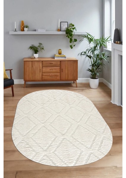 Dijital Baskılı Kaymaz Taban Yıkanabilir Sade Oval Yolluk Mutfak Salon Halısı, N-O-Sade-02-Krem,