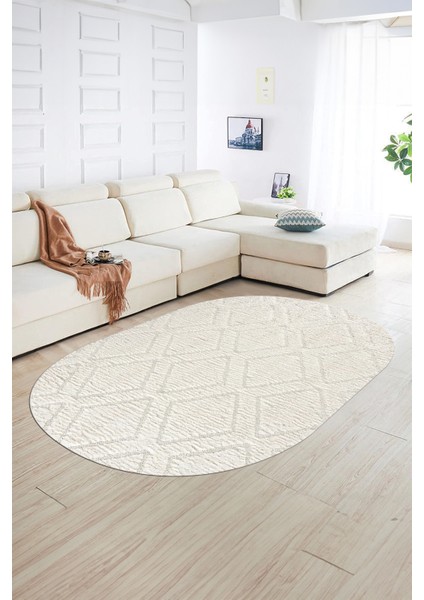 Dijital Baskılı Kaymaz Taban Yıkanabilir Sade Oval Yolluk Mutfak Salon Halısı, N-O-Sade-02-Krem,