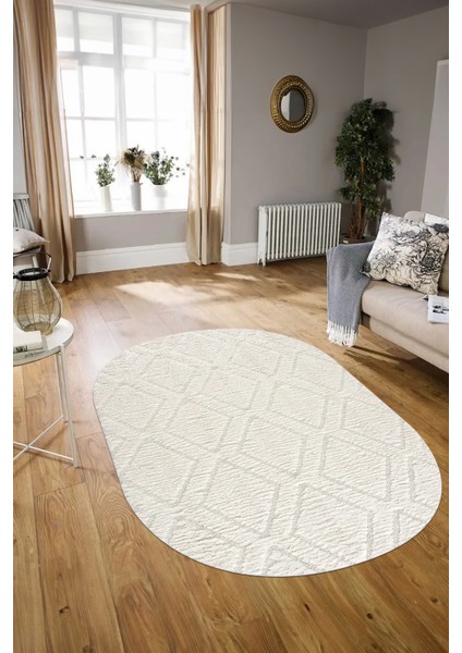Dijital Baskılı Kaymaz Taban Yıkanabilir Sade Oval Yolluk Mutfak Salon Halısı, N-O-Sade-02-Krem,