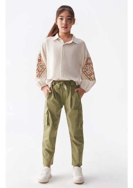 08-14 Yaş Kız Çocuk Krem Renk Kolları Nakışlı Gömlek fiyatları