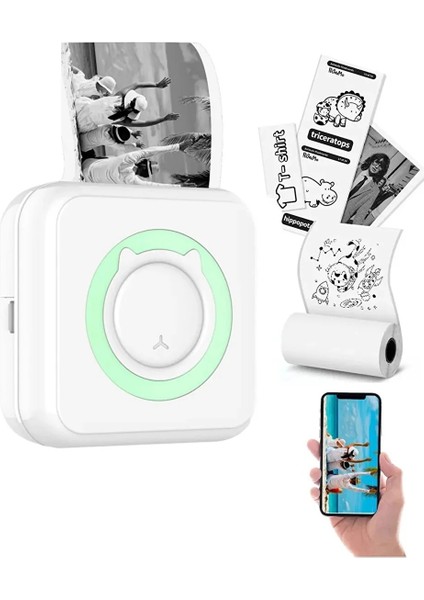 Taşınabilir Mini Cep Yazıcı Termal Yazıcı Printer Bluetooth Bağlantılı Telefon Bilgisayar ve Tablet Uyumlu Yeşil