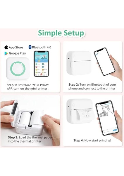 Taşınabilir Mini Cep Yazıcı Termal Yazıcı Printer Bluetooth Bağlantılı Telefon Bilgisayar ve Tablet Uyumlu Yeşil
