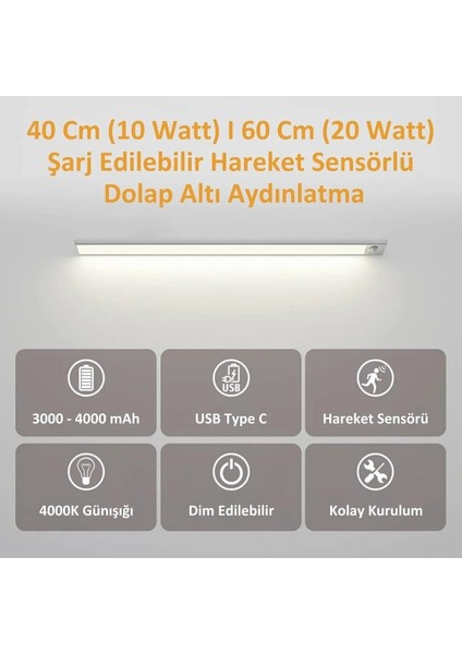 Hareket Sensörlü - Dekoratif Gece Lambası - USB Şarjlı LED Aydınlatma 40 cm Sılver Kasa