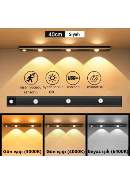 Led Alemi 40 cm Sensörlü Şarjlı Taşınabilir Kablosuz Mıknatıslı LED Mutfak Giysi Dolabı Merdiven Aydınlatma Gece Lambası Işıldak