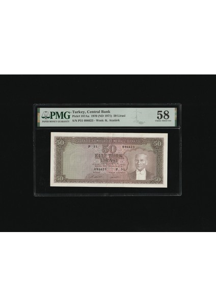 Pmg 58 Elli Türk Lirası 50 Tl 1970 (Nd 1971) P 187AA S/n P31 096623 5. Ems 7. T Ça