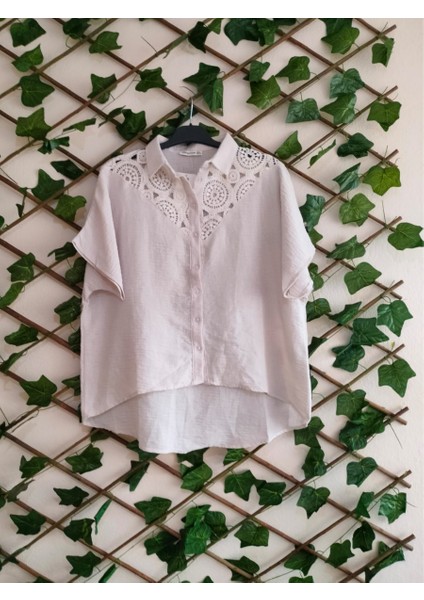 Güpür Detaylı Bayan Gömlek Bej - L