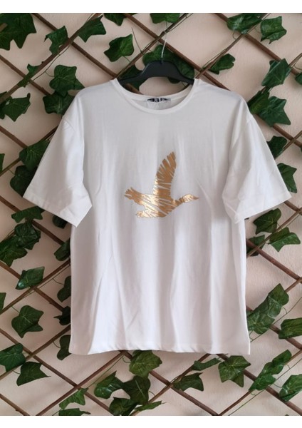 Kuş Baskılı Kadın Gold T-Shirt Ekru - S