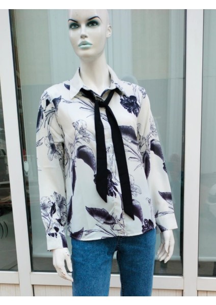 Çiçek Desenli Bayan Gömlek Beyaz - Xl