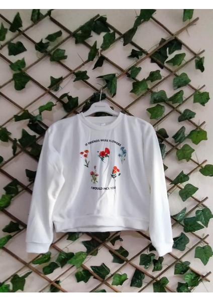 Kadın Çicek Desenli Crop Sweatshirt Standart - Beyaz